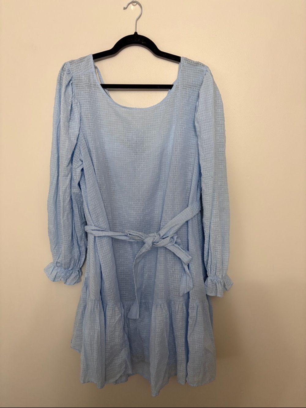 Eloquii Powder Blue Long Sleeve Tie-Waist Tiered Dress